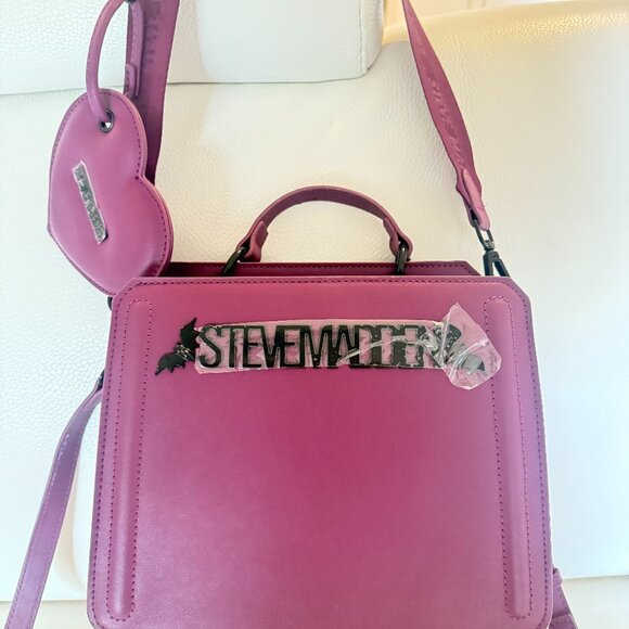 NWT STEVE MADDEN BEVELYN BATS SATCHEL CROSSBODY BAG W CREDIT CARD CASE PLUM - Picture 2 of 7